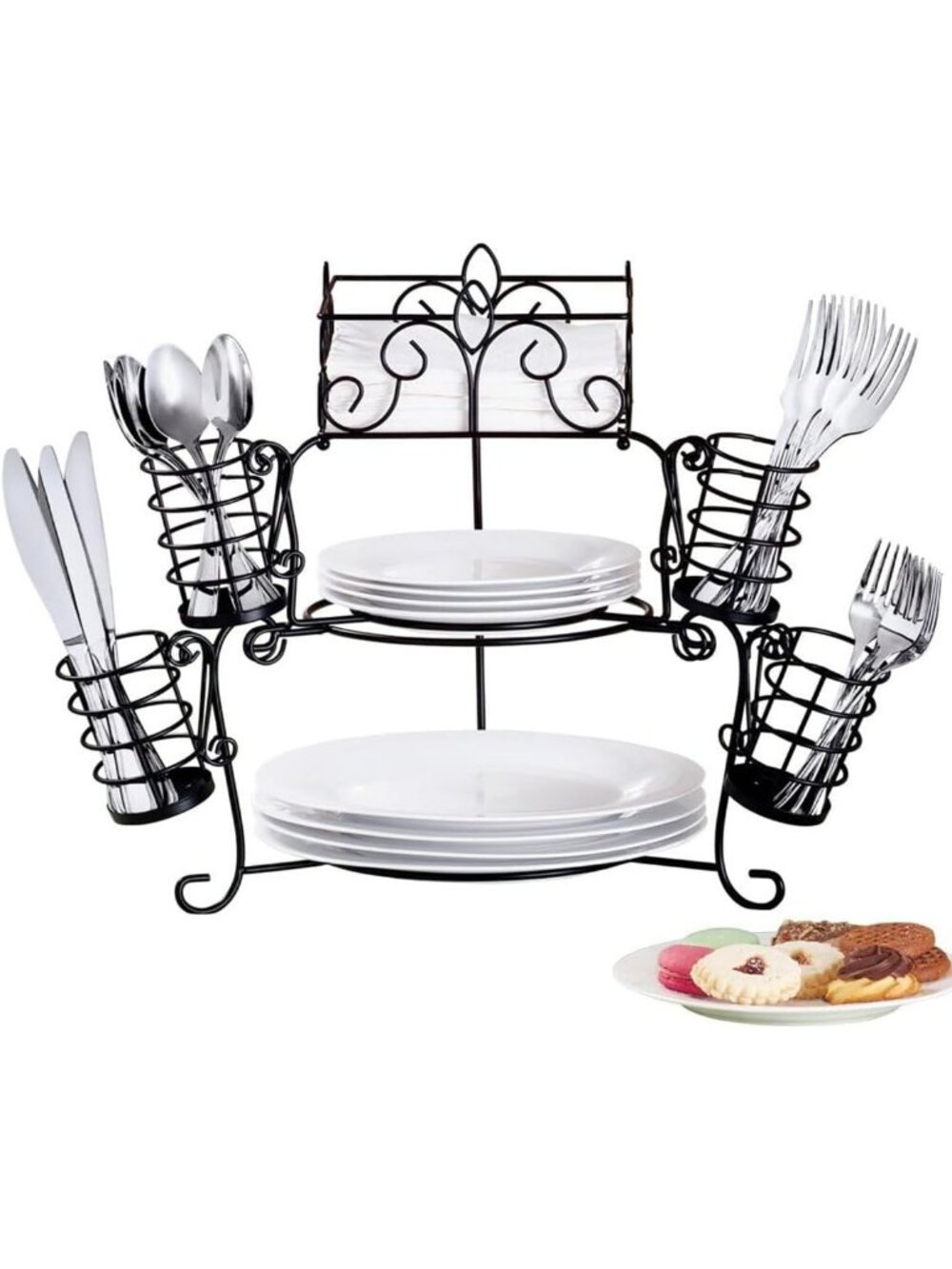 New Metal Buffet Organizer Scroll Design 7-Piece Plate Napkin Cutlery Set